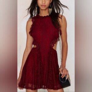 Nasty Gal Lace Mini Dress Ruffle Trim Cut Out Party Cocktail Red S‎